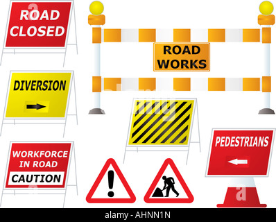 Montre des signes de travaux routiers dans différentes variations dans le cadre d'un ensemble Banque D'Images