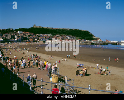 South Bay Beach sur un été, avec le Château de Scarborough et au-delà du port, Scarborough, North Yorkshire, England, UK Banque D'Images