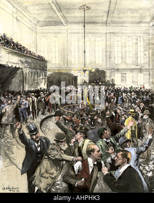 Pandemonium dans le New York la salle de l'or sur le noir vendredi 24 septembre 1869. À la main, gravure sur bois Banque D'Images