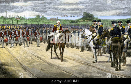 La remise à l'armée américaine à Yorktown en 1781 ce qui met fin à la guerre révolutionnaire. À la main, gravure sur bois Banque D'Images