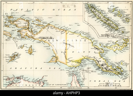 Site de la Papouasie-Nouvelle-Guinée et en Nouvelle Calédonie 1870. Lithographie couleur Banque D'Images