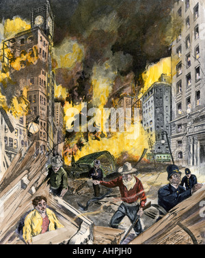 Le feu qui fait rage dans le centre-ville de San Francisco après le tremblement de terre de 1906. La main, d'une illustration de demi-teinte Banque D'Images