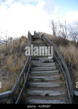 Ancien escalier en bois menant au haut d'une dune de sable à New Buffalo, Michigan Banque D'Images