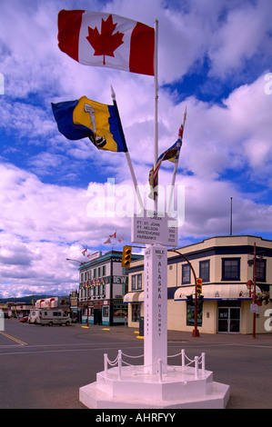 Kilomètre Zéro Poster sur la route de l'Alaska, Dawson Creek, dans le nord-est de la Colombie-Britannique, British Columbia, Canada - 0 Mile Post, l'autoroute Alcan Banque D'Images