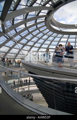 Grand angle vertical de touristes profitant du soleil et des vues du haut de Sir Norman Foster's glass dôme sur le dessus le Reichstag Banque D'Images