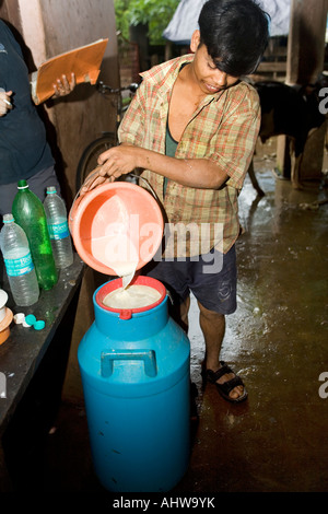 Les travailleurs migrants collecter la production de lait lait après la traite des vaches à la main dans une propriété privée à petite échelle ferme laitière. Goa Inde Banque D'Images