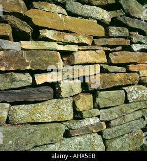 Mur de pierres sèches en grès qui a été récemment construit ou réparé, l'ancien étant couverts de pierres dans le lichen, le nord de l'Angleterre UK Banque D'Images