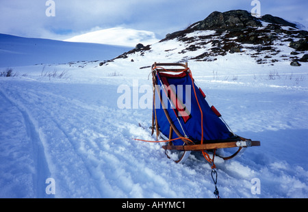 Le traîneau à chiens à Alesjaure sur le Kungsleden trail en Laponie du Nord de la Suède Banque D'Images