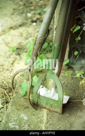 Un jardinier vieux et rouille des outils de jardin parmi les mauvaises herbes rampantes Banque D'Images