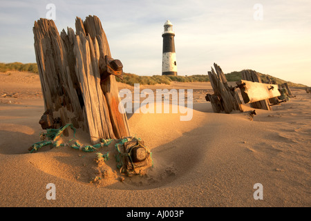 Septembre 2007 demeure d'épi en bois et les défenses maritimes le vieux phare 1895 rejette Point East Yorkshire UK Banque D'Images