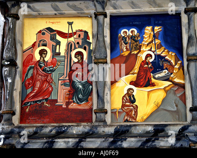 L'évangélisation de la Vierge Marie La naissance de Jésus Christ illustrations murale ancienne église des sentiers à Tissiniva Crete island Grèce Banque D'Images