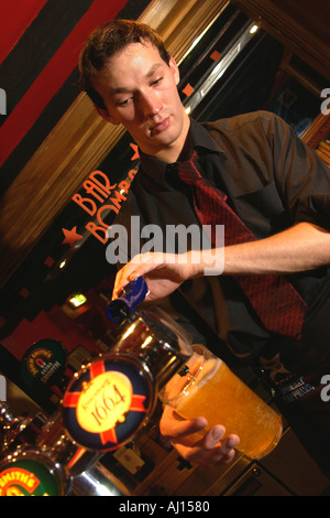 Barman pulling pinte de lager au bar à Cardiff South Wales UK Banque D'Images