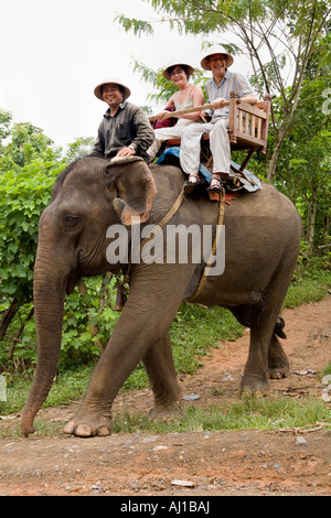 Vous équitation un éléphant à l'Elephant Park Project près de Luang Prabang au Laos Banque D'Images