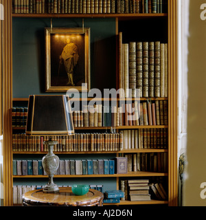 Affichage décoratif de livres anciens et d'une peinture à l'huile dans la bibliothèque d'un manoir historique Banque D'Images