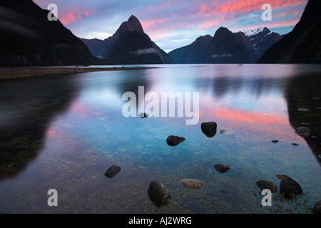 Lever du soleil à Milford Sound dans le Parc National de Fiordland, île du Sud Nouvelle-Zélande Banque D'Images