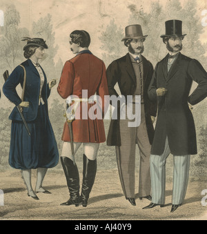 Gravure de mode française coloriée montrant le costume 1860 Banque D'Images