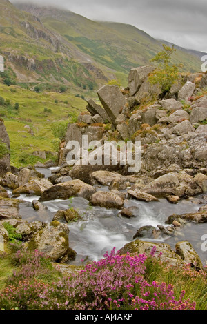 Cascade de Llyn lac Ogwen, Parc National de Snowdonia, le Nord du Pays de Galles, Grande-Bretagne, Royaume-Uni Banque D'Images