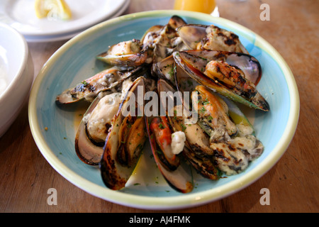 Une énorme plaque de moules aux orles verts cuits avec les champignons et l'ail, Havelock, Nouvelle-Zélande Banque D'Images