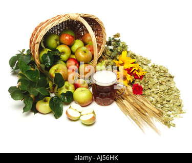 ARRANGEMENT DE POMMES,PANIER,FLEURS, LE HOUBLON ET LA BIÈRE DE MAÏS Banque D'Images