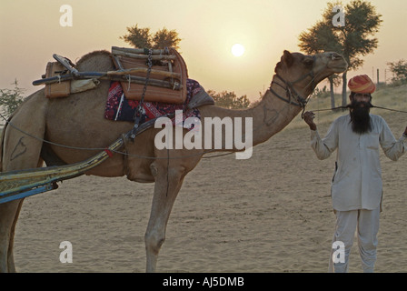 Homme avec un chameau dans le désert du Thar au Rajasthan, Inde Banque D'Images