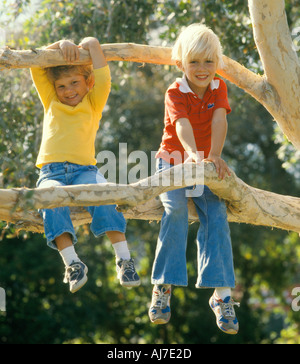 Petit garçon et fille dans l'arbre d'escalade Banque D'Images