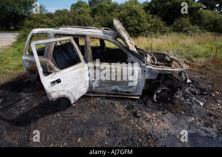 Voiture brûlée dans le champ Banque D'Images