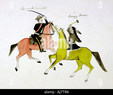 Conflit entre le général George Custer (1839-1876) et Crazy Horse, Sioux (Dakota) Indien. Artiste : tue deux Banque D'Images