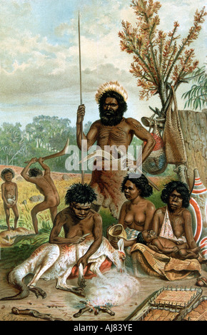 Les aborigènes australiens dépeçage d'un kangourou, 1885-1888. Artiste : Inconnu Banque D'Images