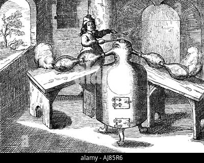 Distillation de l'acide nitrique (Aqua fortis ou l'acide de départ) dans une "l'homme de fer avec deux nez', 1689. Artiste : Inconnu Banque D'Images