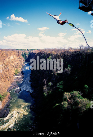 Un jeune homme blanc bungee sautant du pont à Victoria Falls au Zimbabwe Banque D'Images