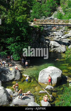 Les gens s'amuser dans le Tavibnanu River, Corse, France Banque D'Images