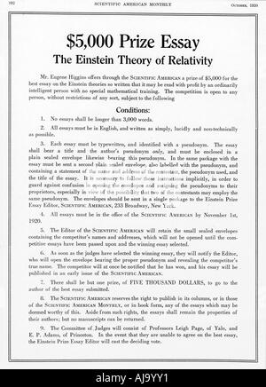 Prix offert dans Scientific American, octobre 1920, pour un essai sur la théorie de la relativité d'Einstein. Artiste : Inconnu Banque D'Images
