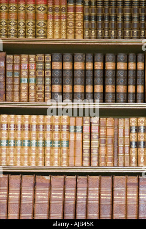 Le vieux cuir des volumes reliés de livres en bibliothèques Bibliothèque Banque D'Images