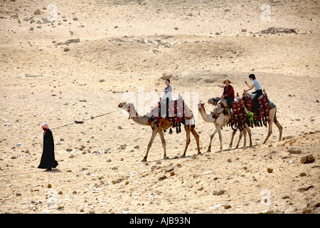 Trois chameaux marcher avec les touristes et guide sur le désert pierreux près des pyramides Gizeh Le Caire Egypte Afrique Banque D'Images