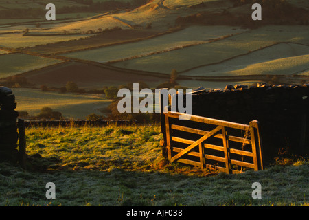 Frost couverts de lande gate situé dans le mur de pierres sèches de la lande farm Banque D'Images