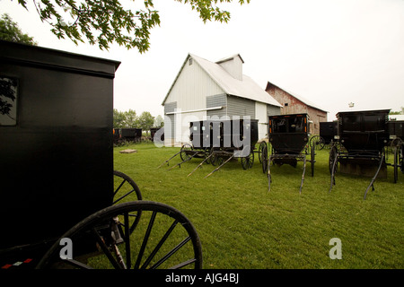 Buggies Amish parqué sur une ferme près de Arthur Illinois Banque D'Images