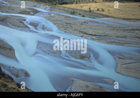 Détail des canaux de la rivière tressée et des dépôts alluviaux, Rio de las Vueltas, El Chalten, Los Glaciares National Pa Banque D'Images