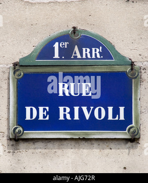 France Ile De France Paris signe de route sur un mur de la rue de Rivoli dans le premier arrondissement Banque D'Images