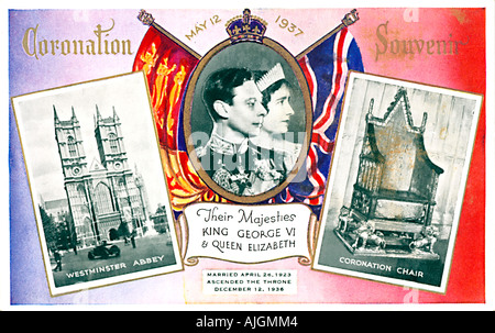 Le Couronnement de 1937 carte postale à célébrer le couronnement du roi George VI montrant l'abbaye de Westminster et le trône du couronnement Banque D'Images