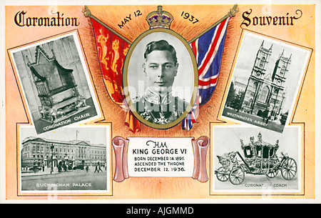 Le Couronnement de 1937 carte postale à célébrer le couronnement du roi George VI avec l'abbaye de Westminster et le trône du couronnement et coach Banque D'Images