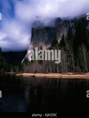 El Capitan enveloppée de nuages bas dans la vallée de Yosemite en Californie USA Banque D'Images