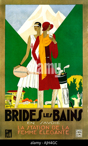 Brides-les-Bains, 1929 Art déco français du chemin de fer pour l'affiche de la station de ski en Savoie, à la mode mesdames prêt pour le sport Banque D'Images