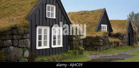 Gazon traditionnel vieux maisons couvertes à Skogar sur la côte sud de l'Islande Banque D'Images