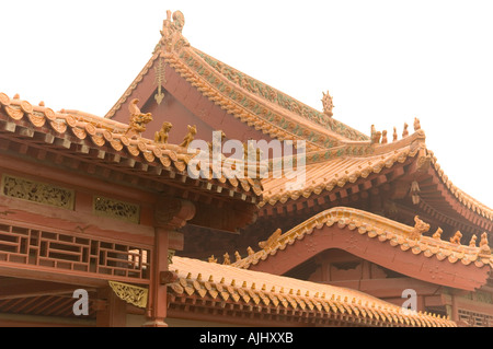 Toit à tuiles vernissées ridge ornements sur le Temple bouddhiste Zen Vienna Zhao county Heber province Chine Banque D'Images