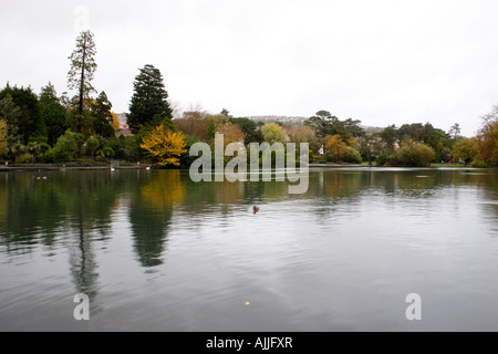 Photo horizontale de Brynmill Park, un petit parc avec un lac de banlieue dans la région de Swansea, West Glamorgan, Pays de Galles, Royaume-Uni en automne Banque D'Images