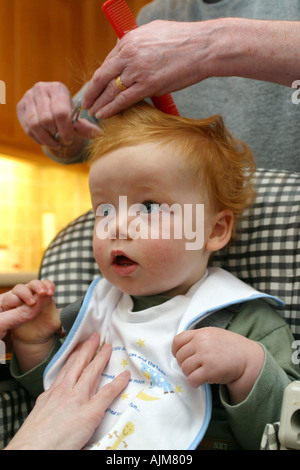 Un Bebe Ayant Sa Premiere Coupe De Cheveux Ages De 1 Ans Est Un Bebe Etant Retenu Dans Une Chaise Haute Photo Stock Alamy