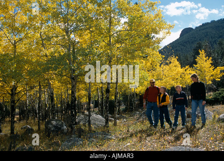 Une famille de quatre randonnées au milieu de la couleur de l'automne dans la région de Rocky Mtns de CO Banque D'Images