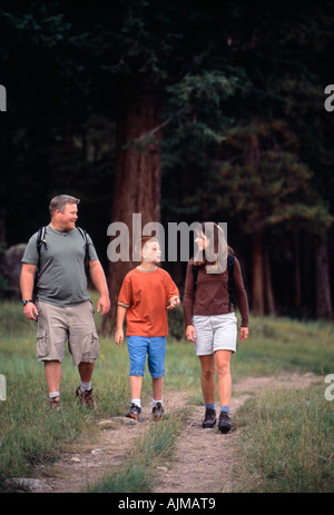 Une famille de trois randonnées le long de la lisière de la forêt dans la région de Rocky Mtn l Nat Park CO