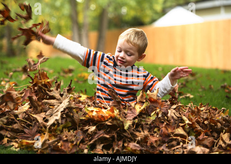 Trois ans jouant dans tas de feuilles Banque D'Images