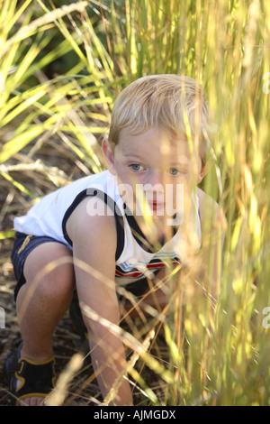 Jeune garçon jouant dans l'herbe haute Banque D'Images